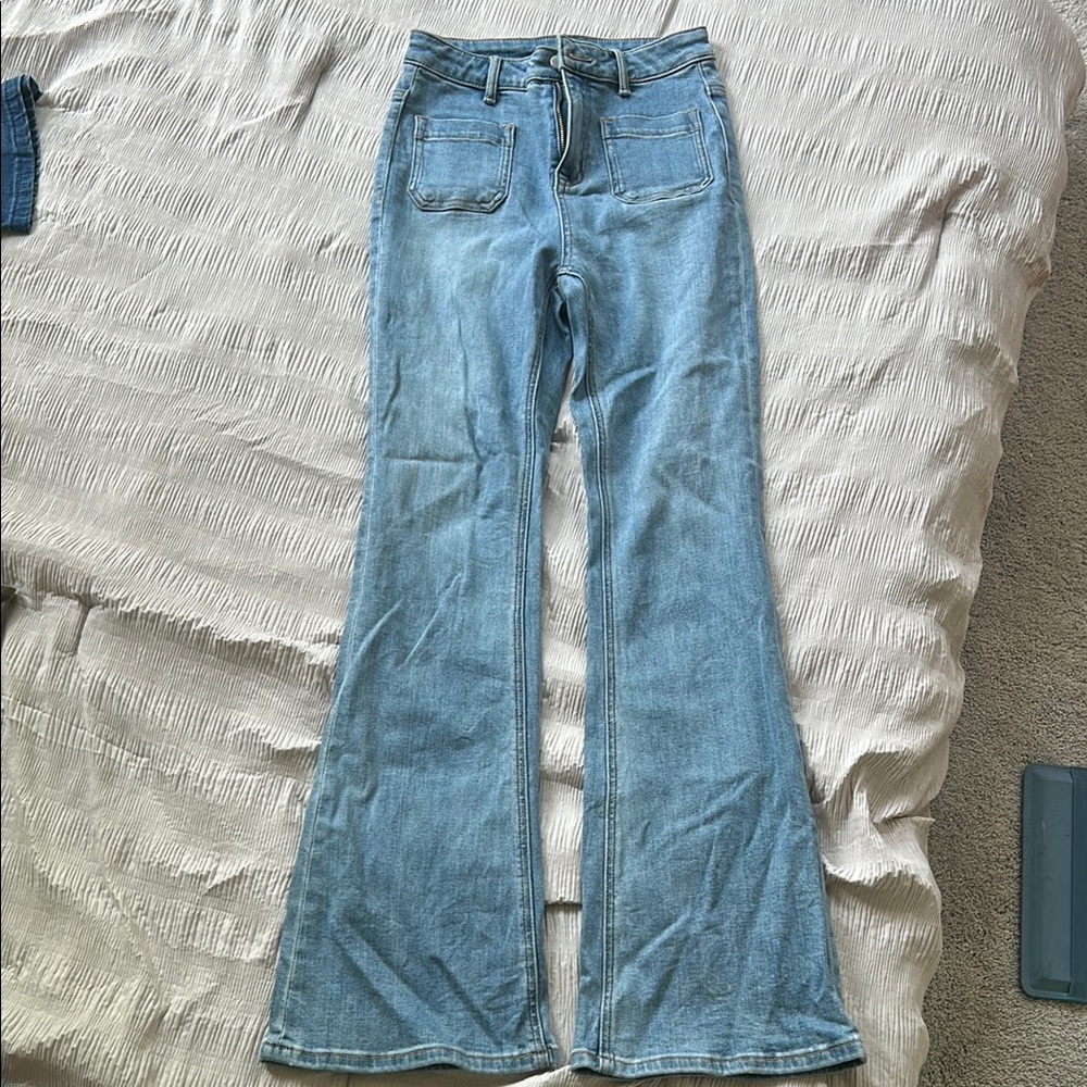 Light Wash Flare Patch Pocket Jeans